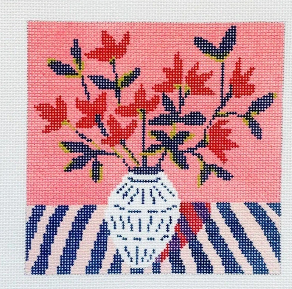 Jacinda Boneau Red Flower Blue Vase Needlepoint Canvas