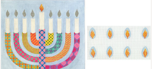 Bright Funky Patterned Menorah with Flames