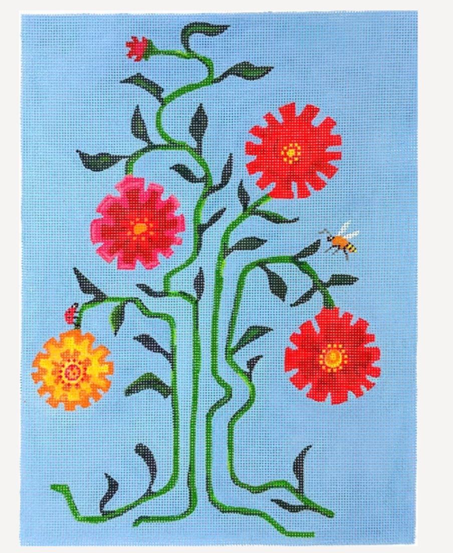 Vibrant Zinnias on Bright Blue w/ Ladybug & Bee